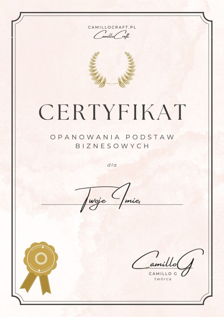 zdjęcie przedstawiające certyfikat umiejętności biznesowych od camillocraft pl